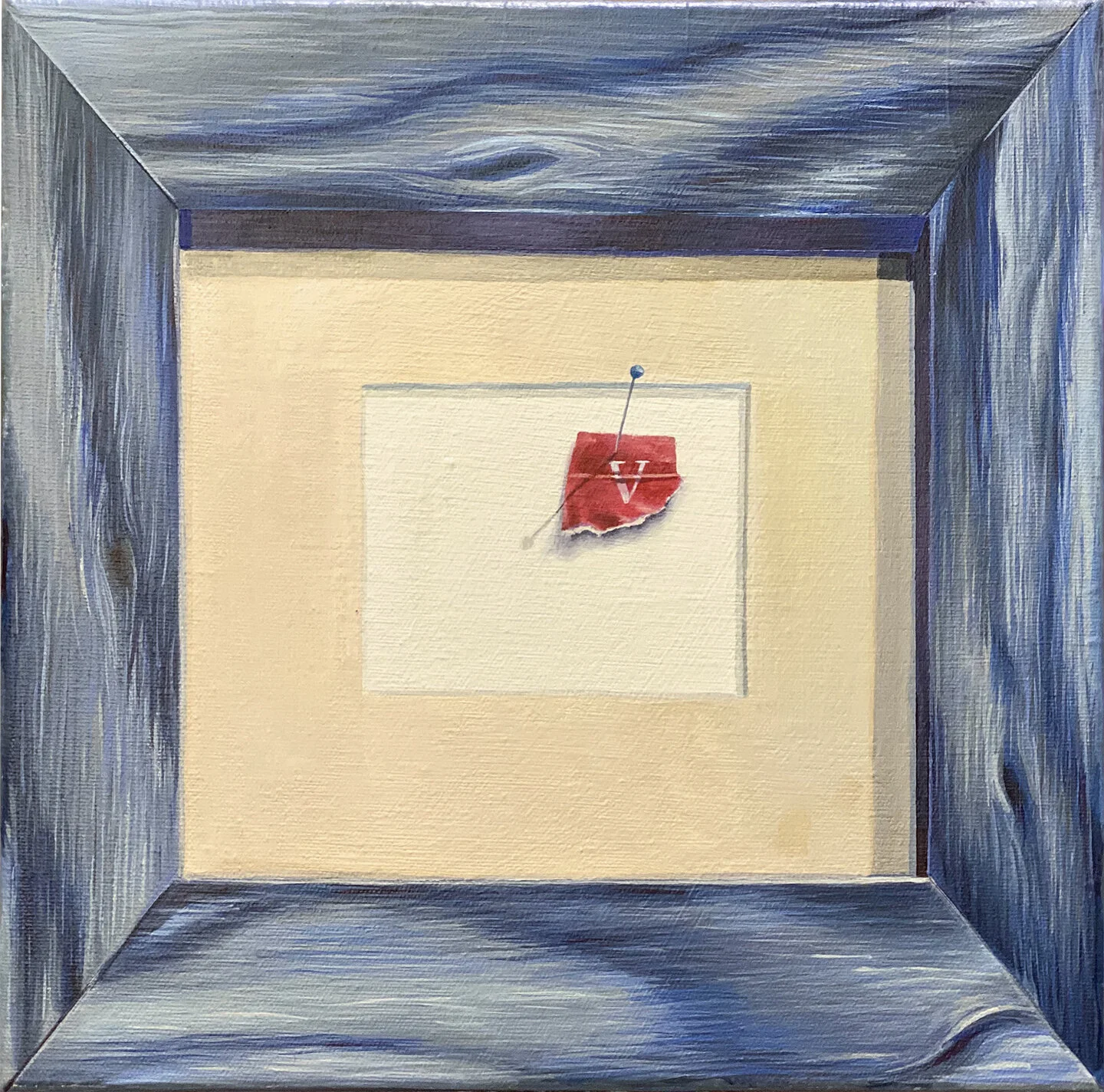 THE LETTER V ON A RED SCRAP OF PAPER IN A BLUE WOODEN FRAME 12” x 12” ACRYLIC ON CANVAS