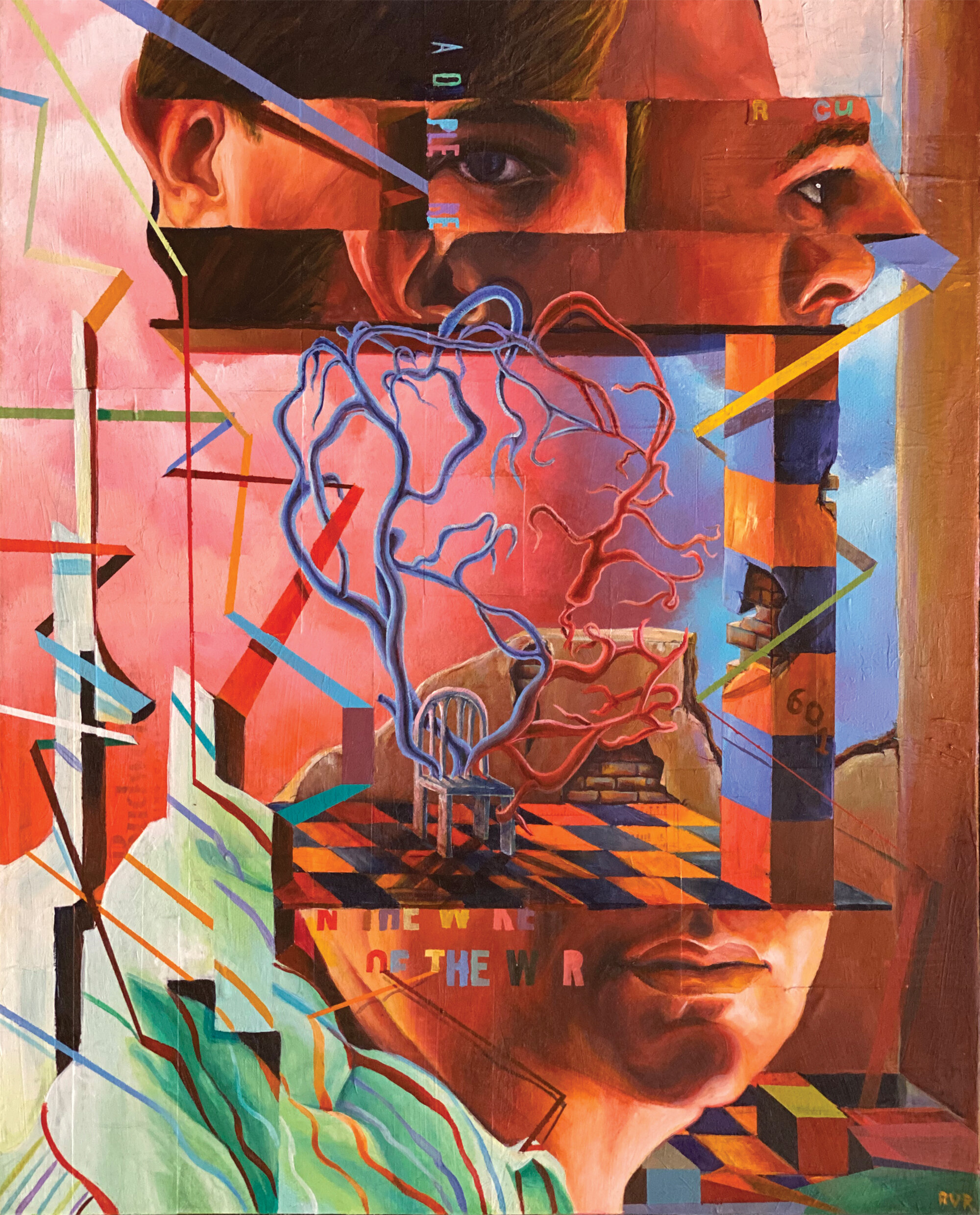 THERE'S SOMEONE IN MY HEAD BUT IT'S NOT ME 16"20". ACRYLIC &amp; PAPER COLLAGE ON CANVAS