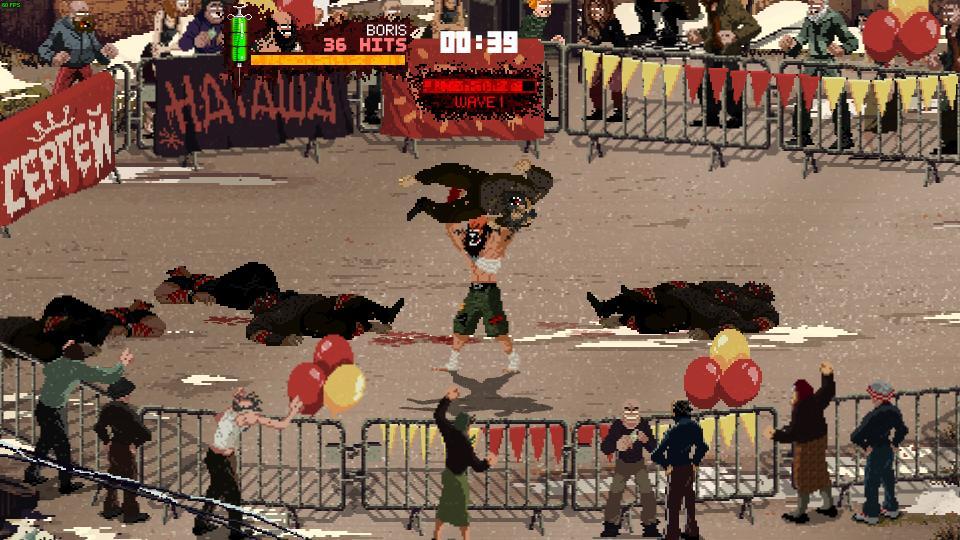 Boris, one of the playable characters, in the middle of doing a back breaker.