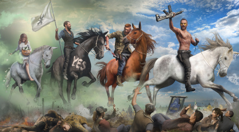 From left to right: pestilence, famine, war, and death.