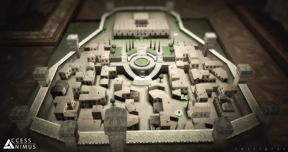 Layout of Monteriggioni. This can be found in the main building at the top of the layout and it is here where town upgrades are made.