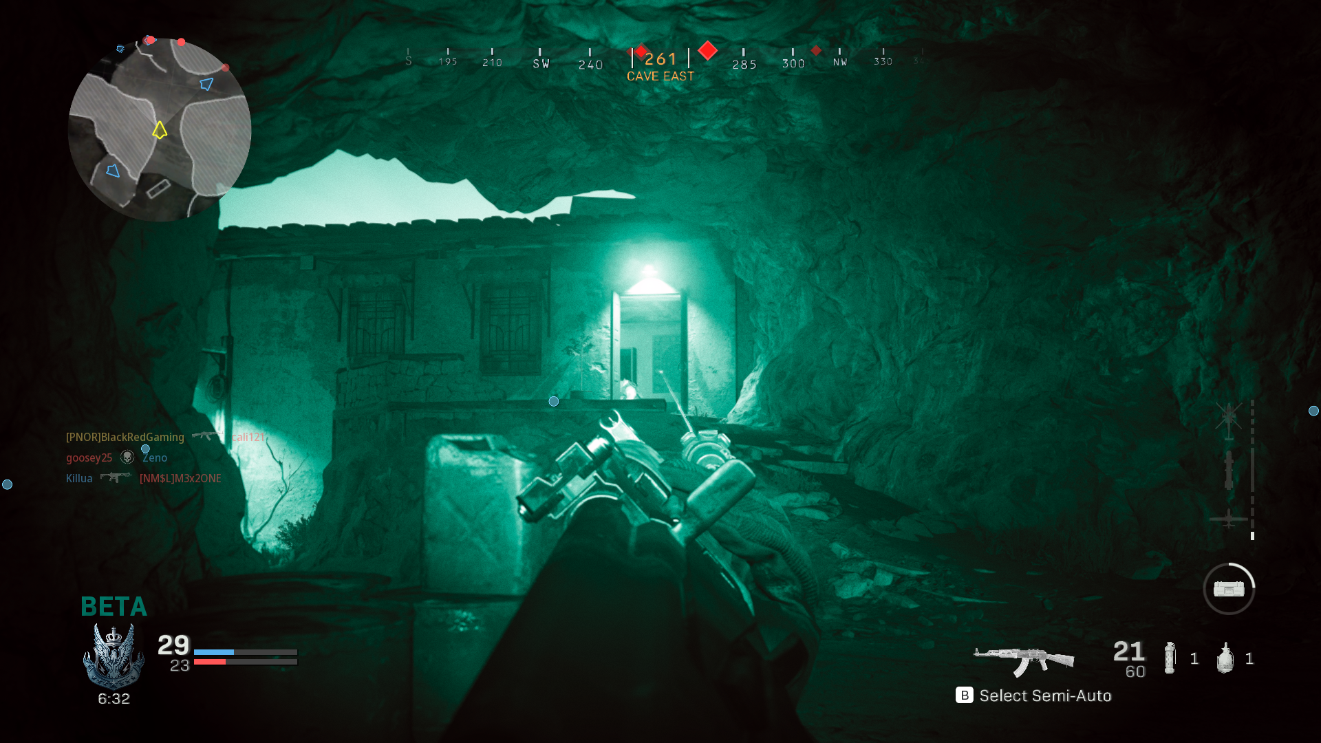 Weapons are aimed diagonally in night vision mode, and watching out for lasers is a good way to find enemies before seeing them.