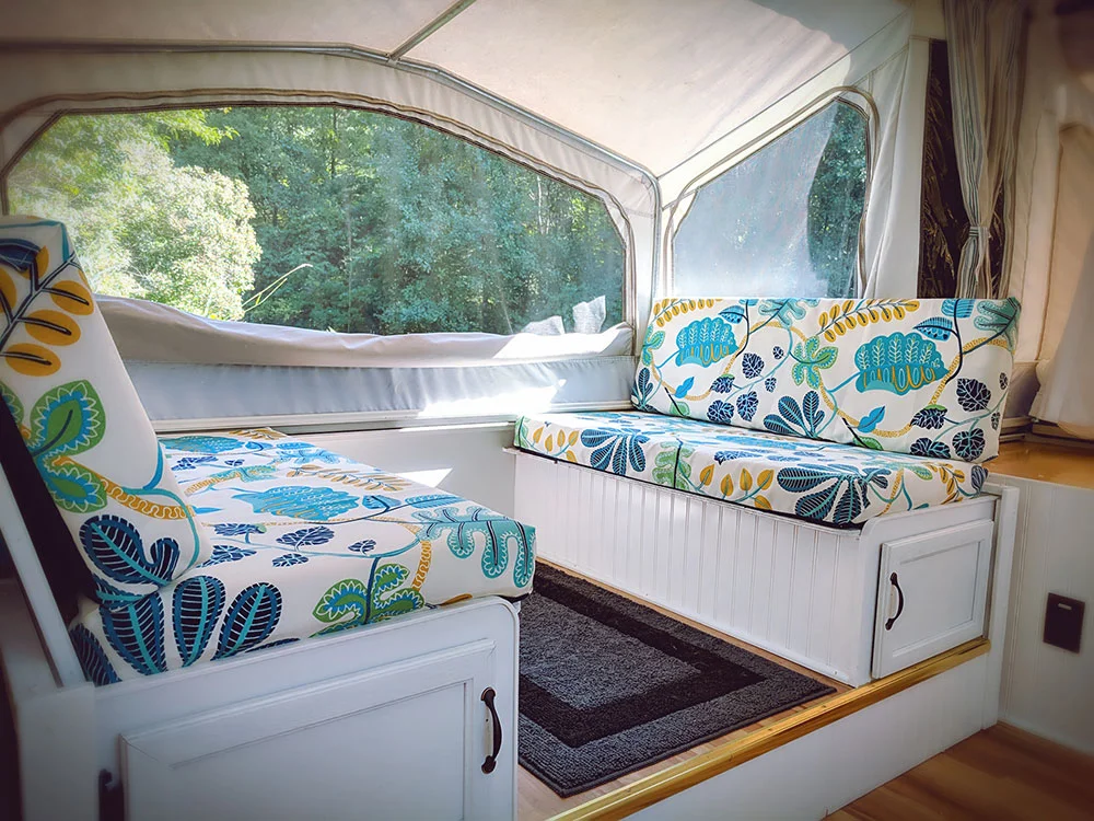 An “in progress” interior shot of the Diane - new cushion covers for the dinette.