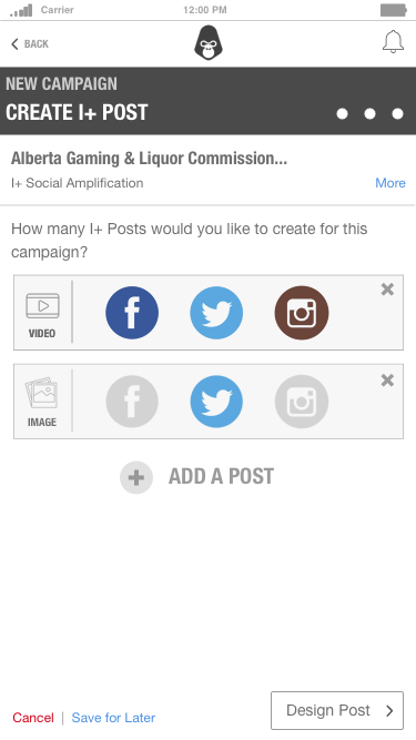 User selects applicable platforms (Twitter). In the next step, the user will create 2 posts.