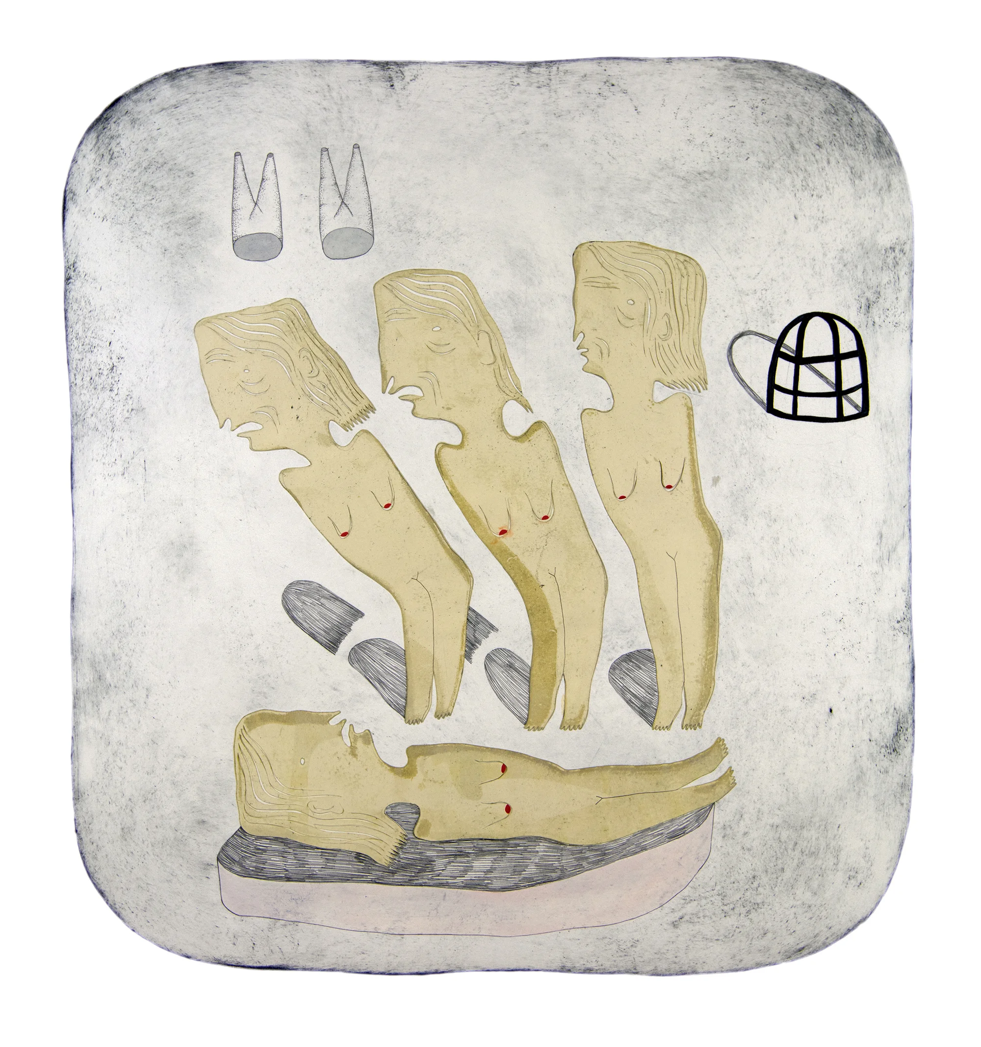   Middle Bargain , monotype with drawing and chine-collé, 24 x 22“, 2018   