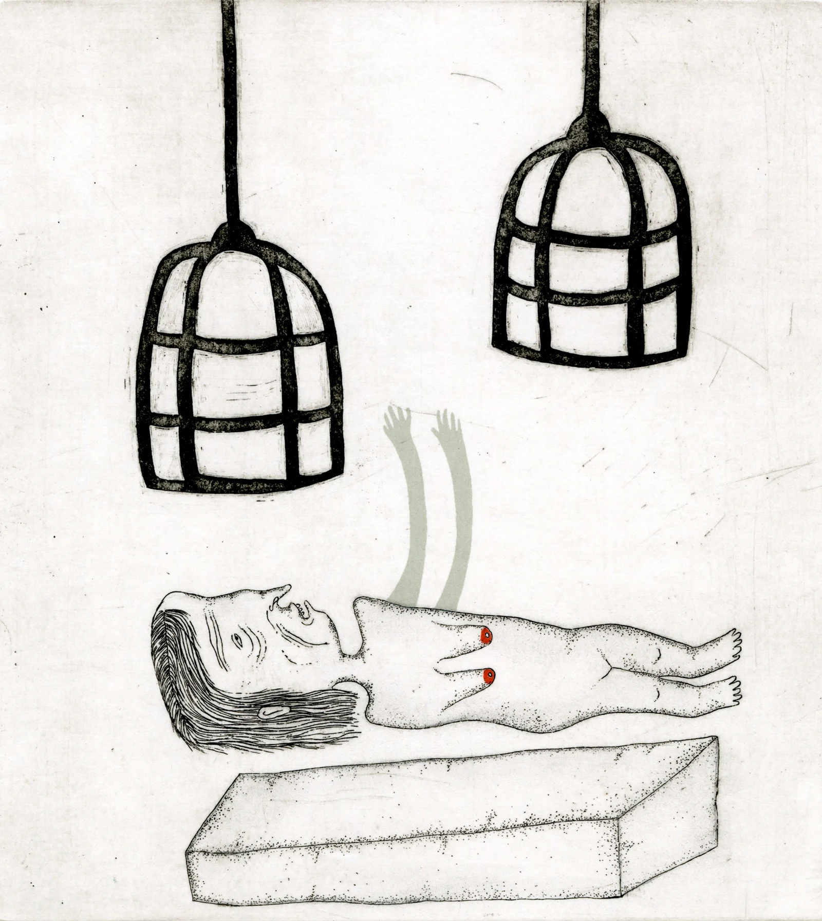   How to avoid disappointment in the morning,  intaglio with screenprint and drawing, 7 x 6”, 2018   