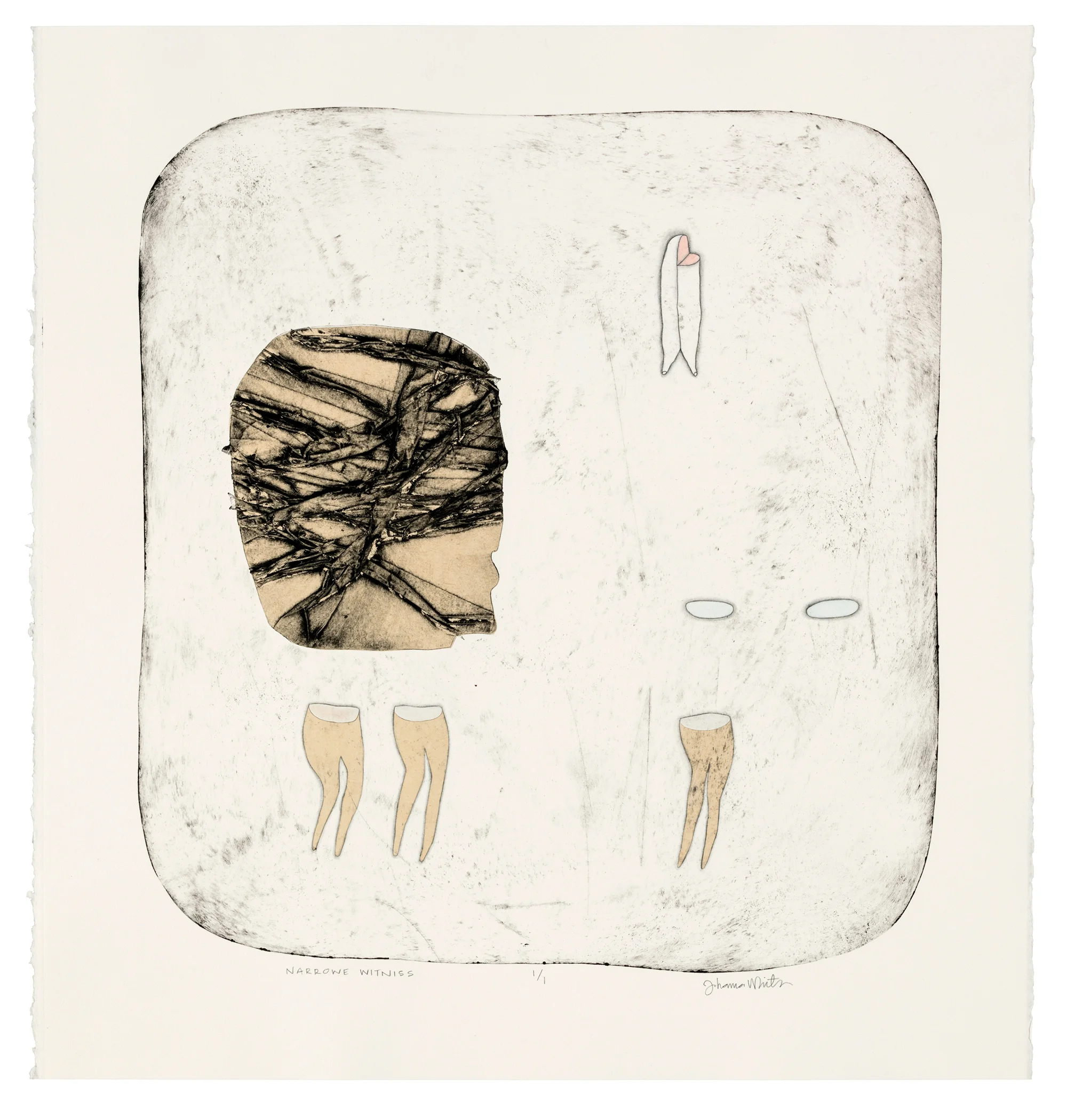 NARROWE WITNISS, monotype with drawing and chine-collé, 24 x 22 in, 2019.