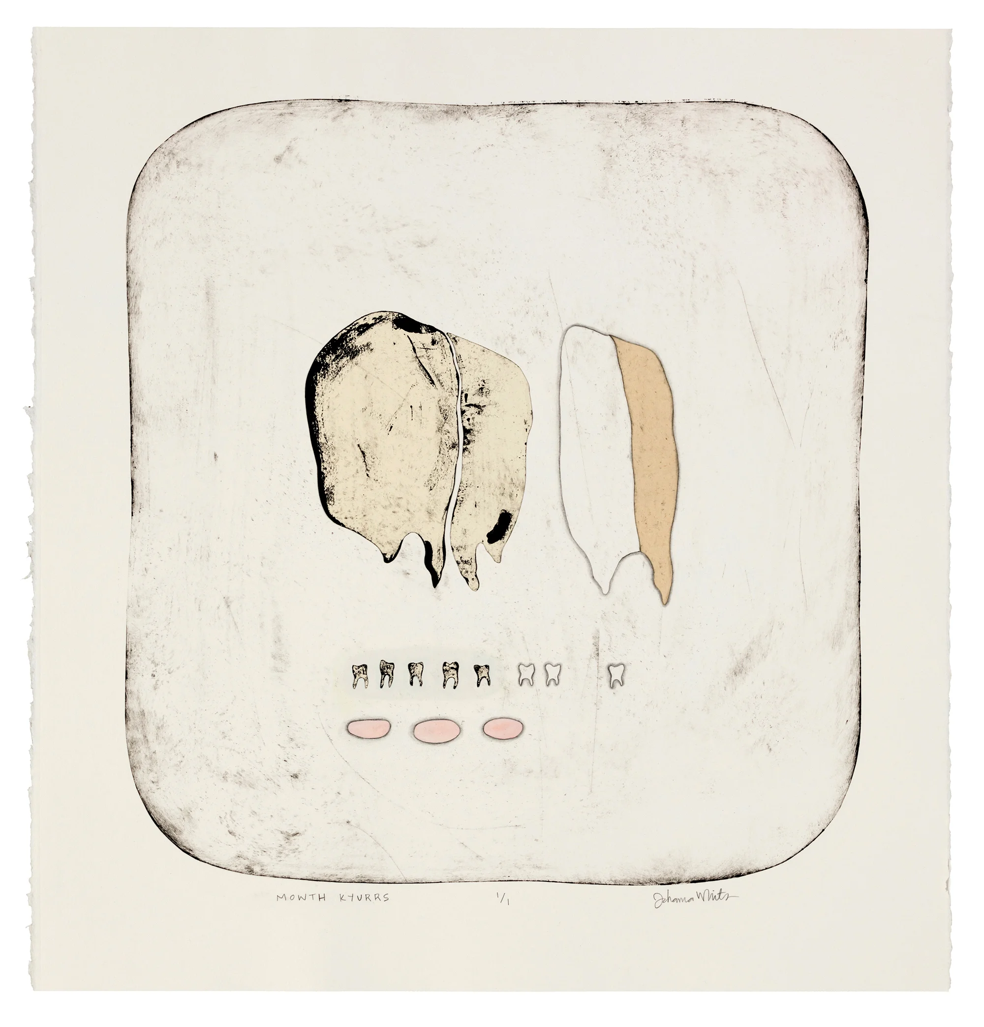 MOWTH KYURRS, monotype with drawing and chine-collé, 24 x 22 in, 2019.