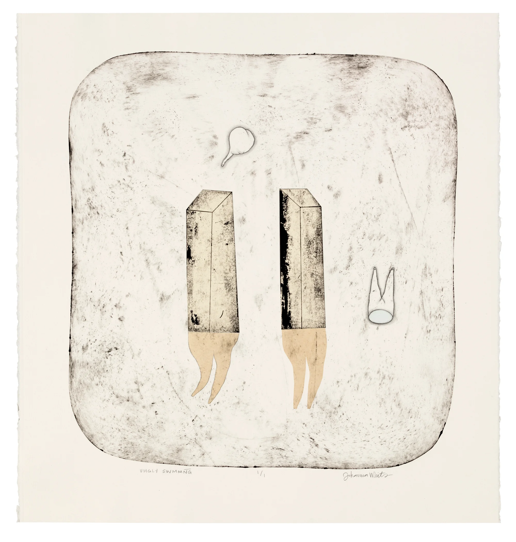   UGHLY SWMMNG , monotype with drawing and chine-collé, 24 x 22”, 2019   