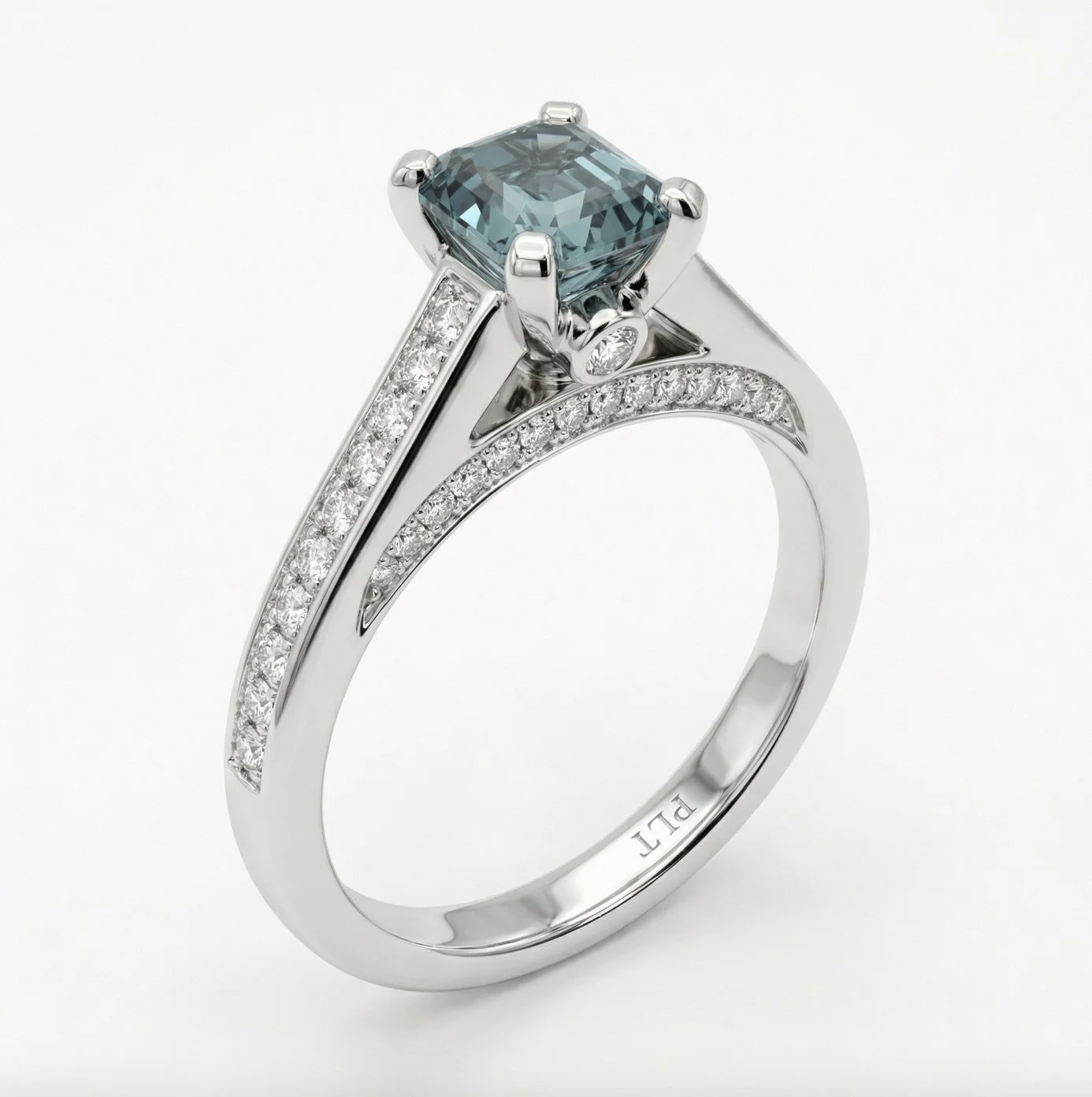 Teal Sapphire and Diamond Ring in Platinum angle view.jpg