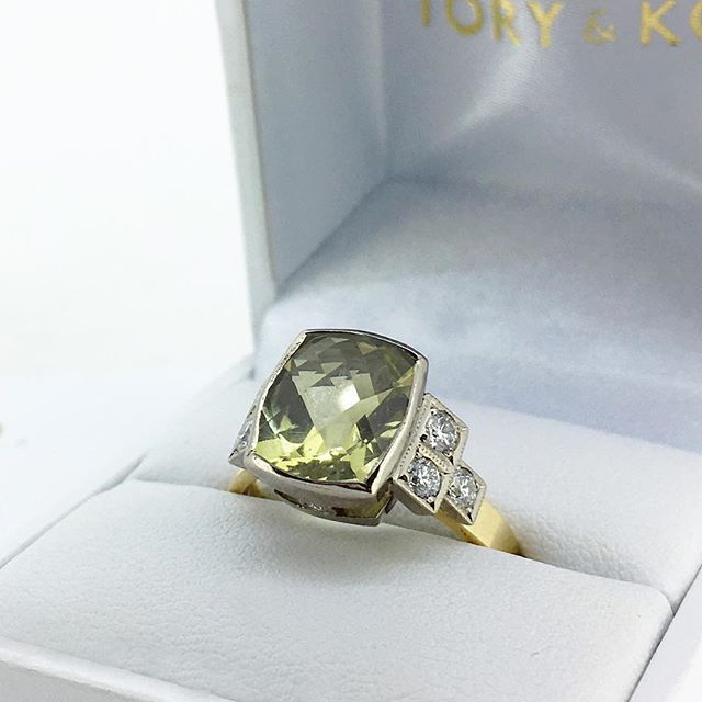 Our bespoke Lime Quartz Ring. Featuring a sparkling checkerboard cut Lime Quartz with Diamond square accent shoulders. Available at a special price as part of our showcase collection. See our bio for the full showcase ❤️❤️