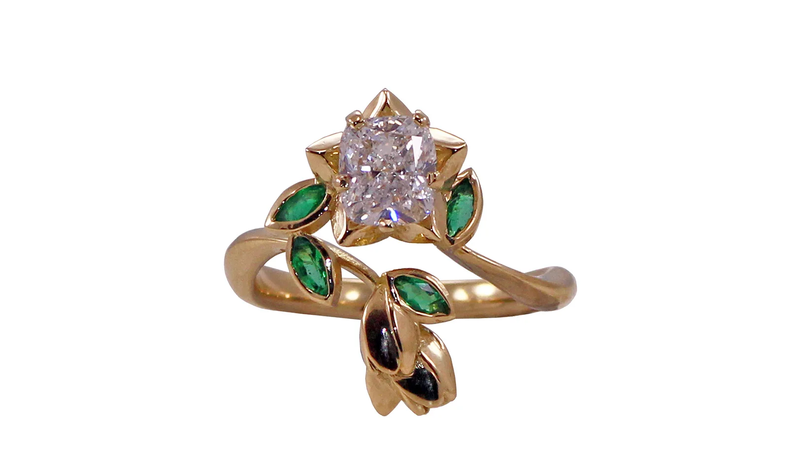 Cushion Cut Diamond Flower Ring with Emeralds