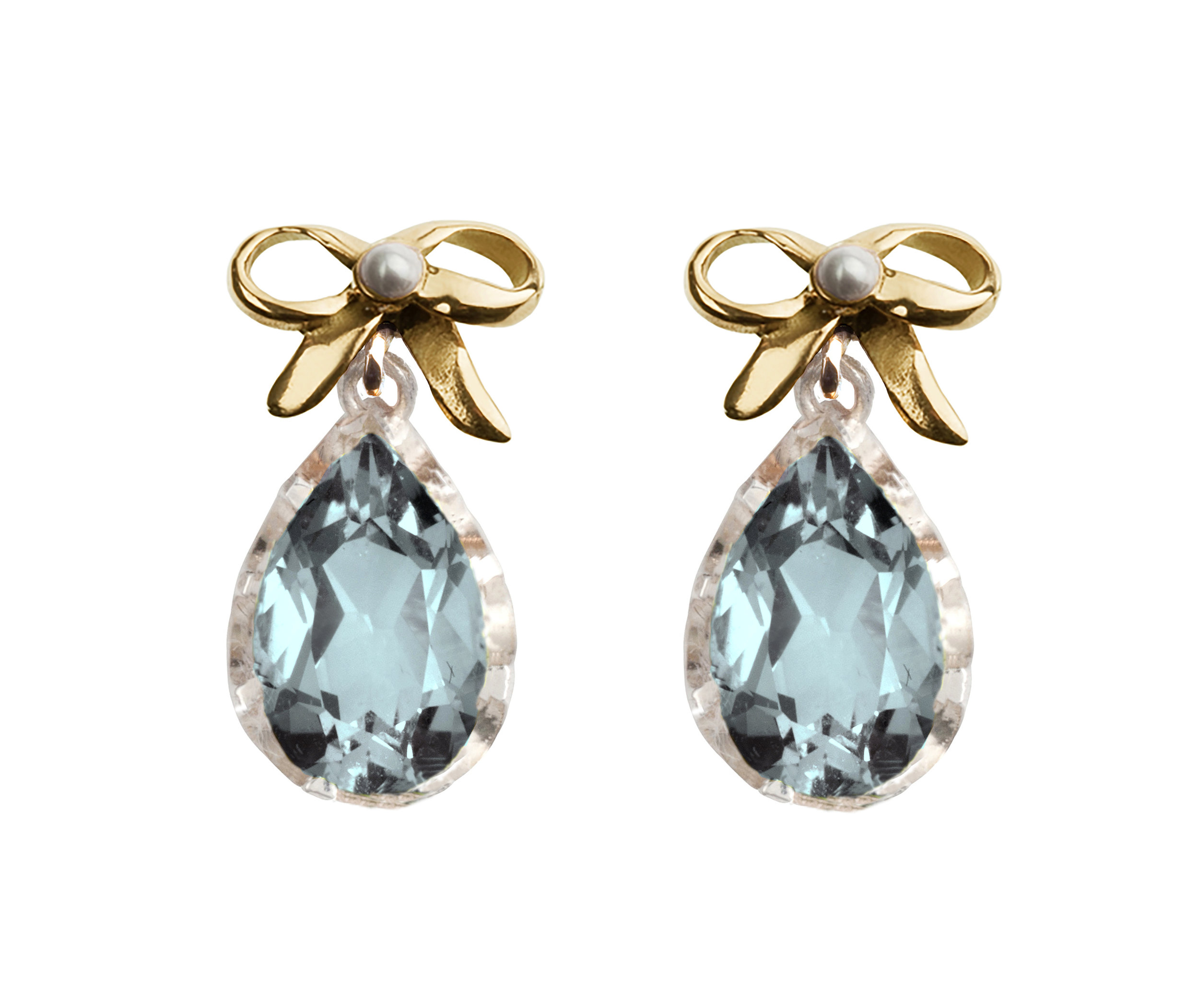 Pretty Collection Bow Earrings Blue Topaz Yellow Gold and Silver with Seed Pearl accents.jpg