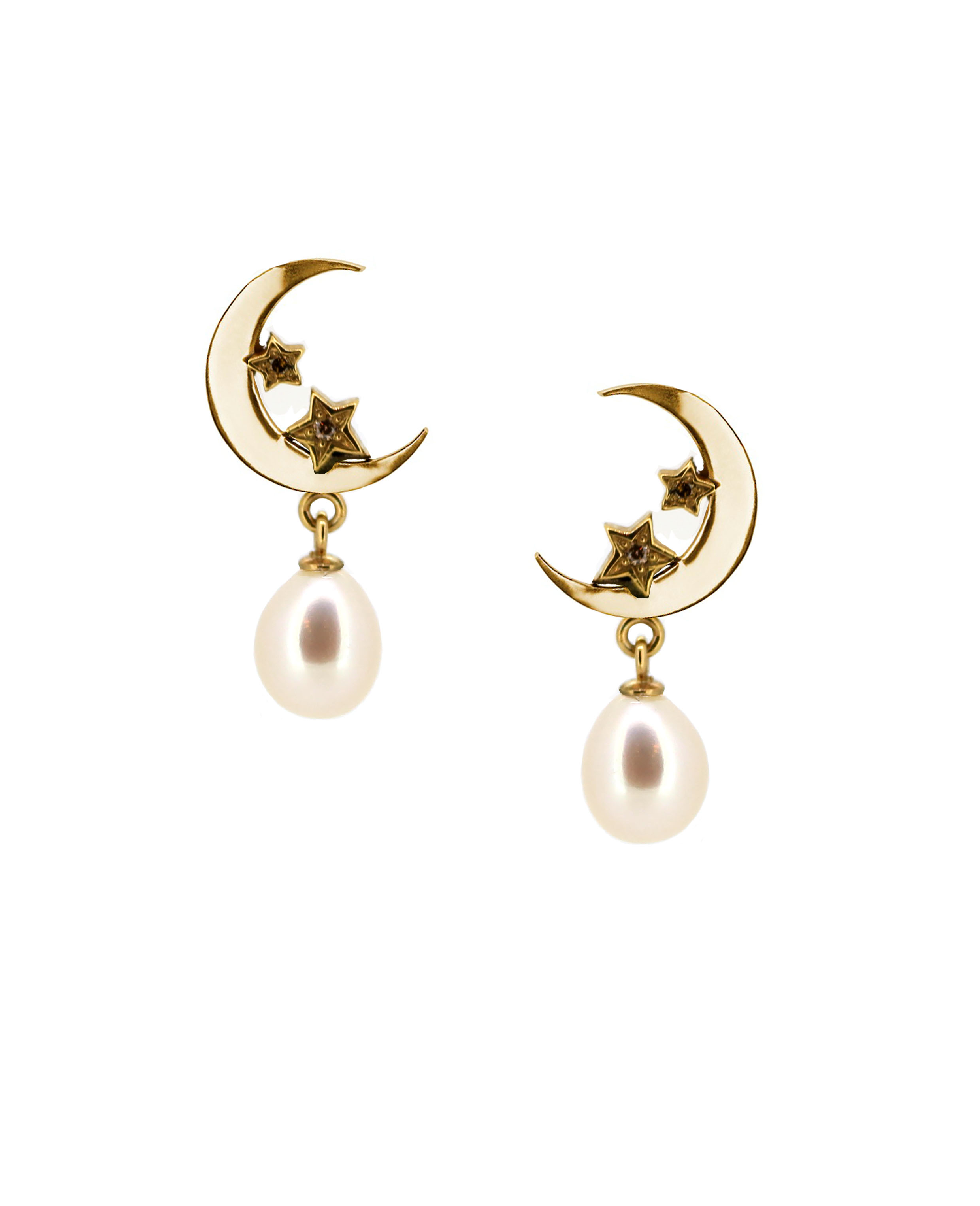 Royal Collection Moon and Star Earrings Gold, Champagne Diamond and Pearl.jpg