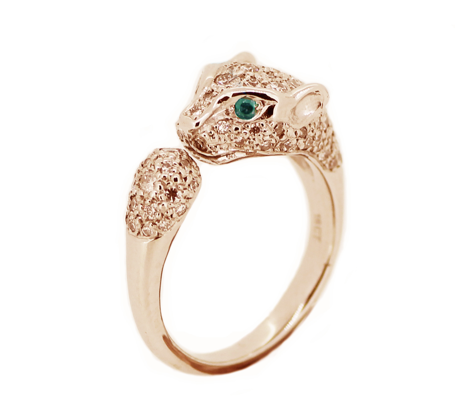 Lioness Ring Rose Gold and Champagne Diamonds with Emerald Eyes.jpg