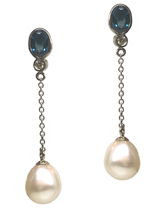 Indicolite Tourmaline Diamond and Pearl Earrings close up.jpg