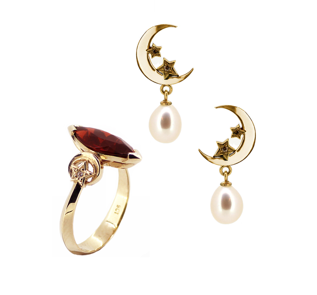 Royal Collection Marquise Garnet Ring with Moon and Star Earrings.jpg