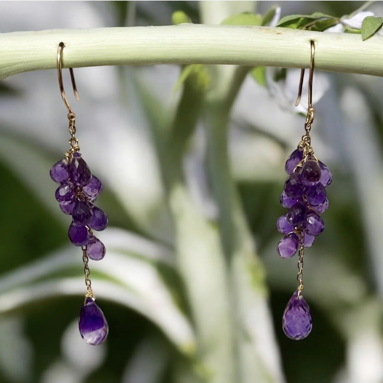 Amethyst Briolette Drop Earrings in Rose gold outside.jpg