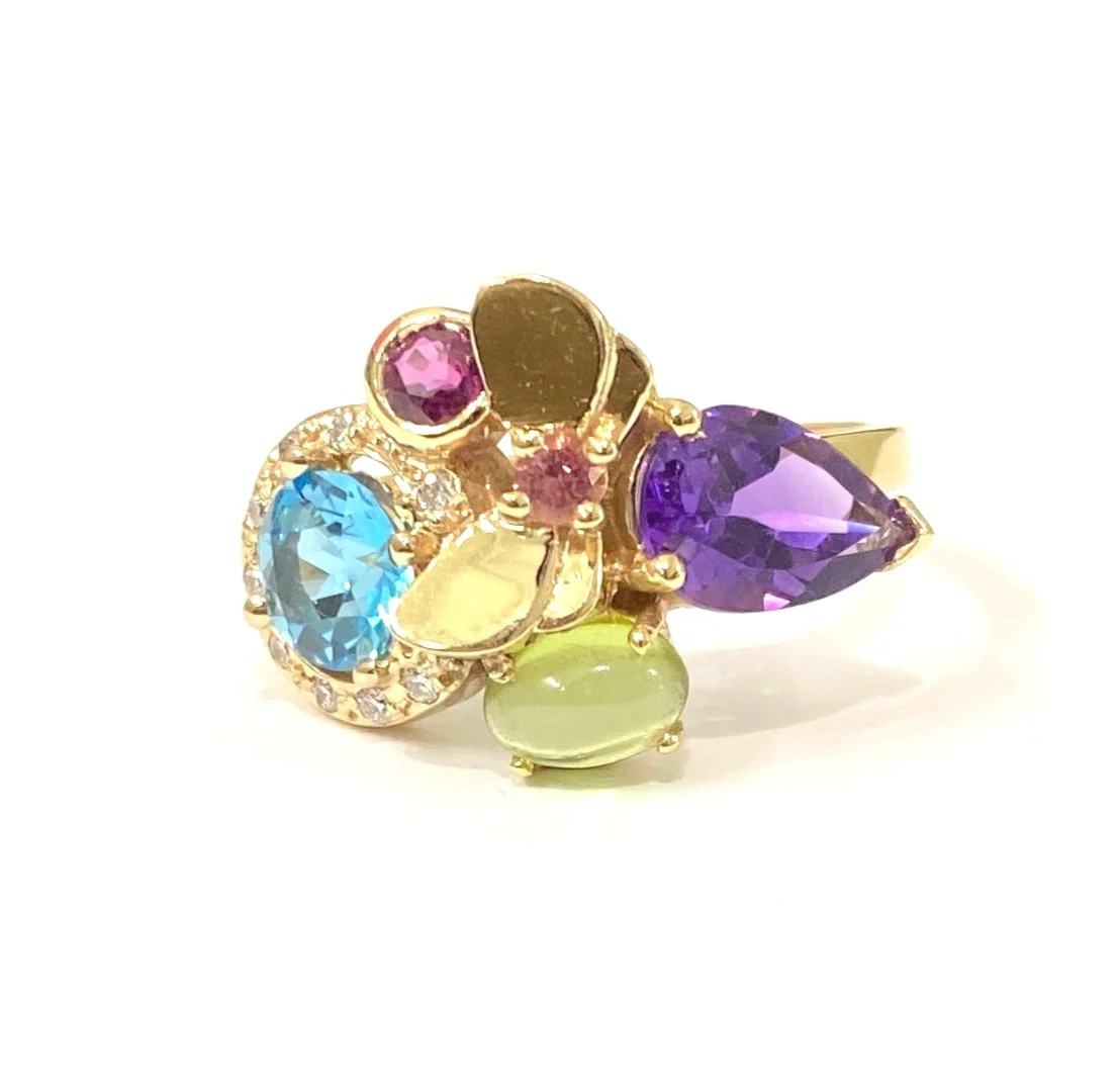 Butterfly Ring with Multi Gemstones in Yellow Gold