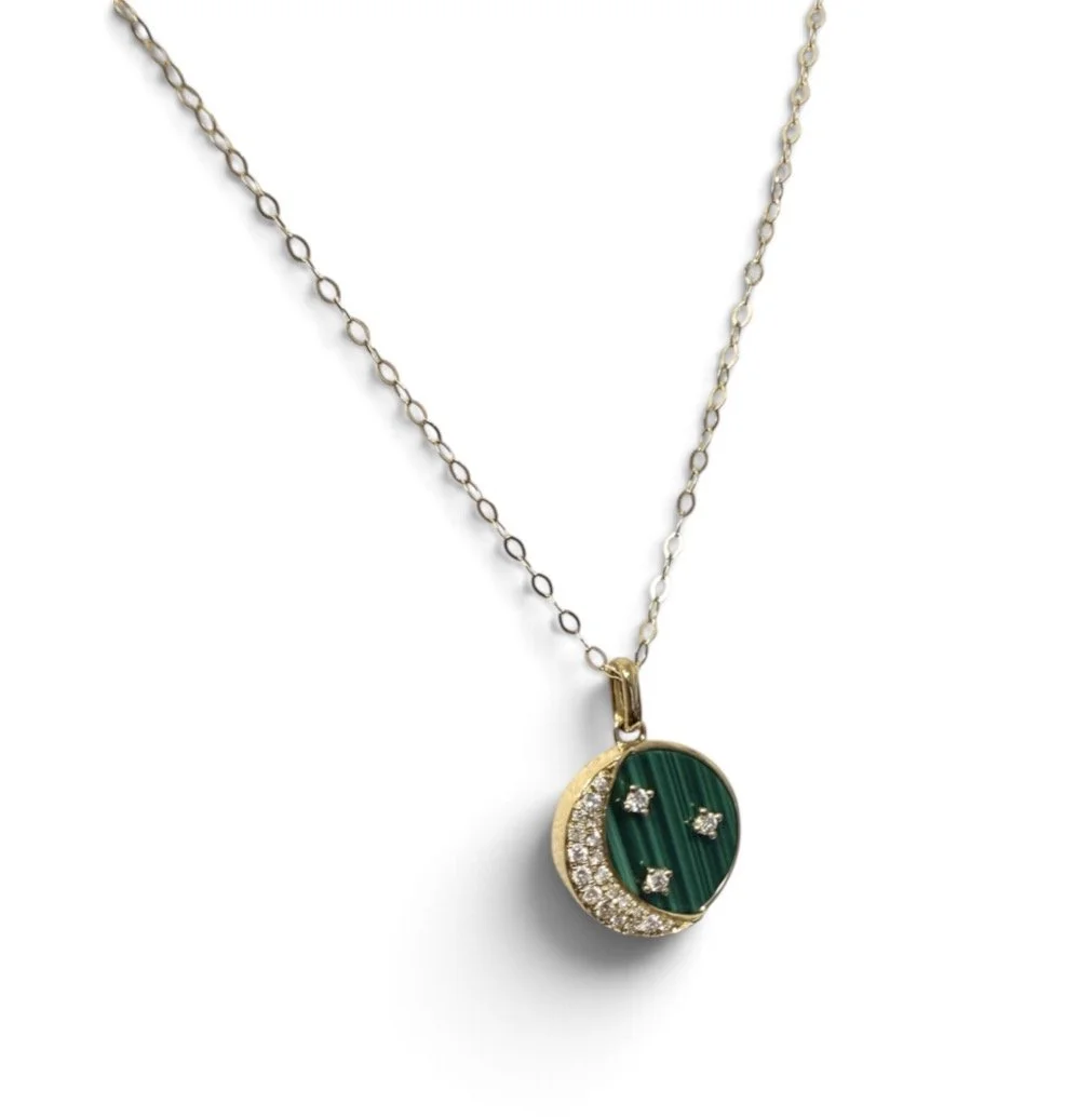 Malachite  & Diamond Moon & Star necklace 18ct Gold.jpg