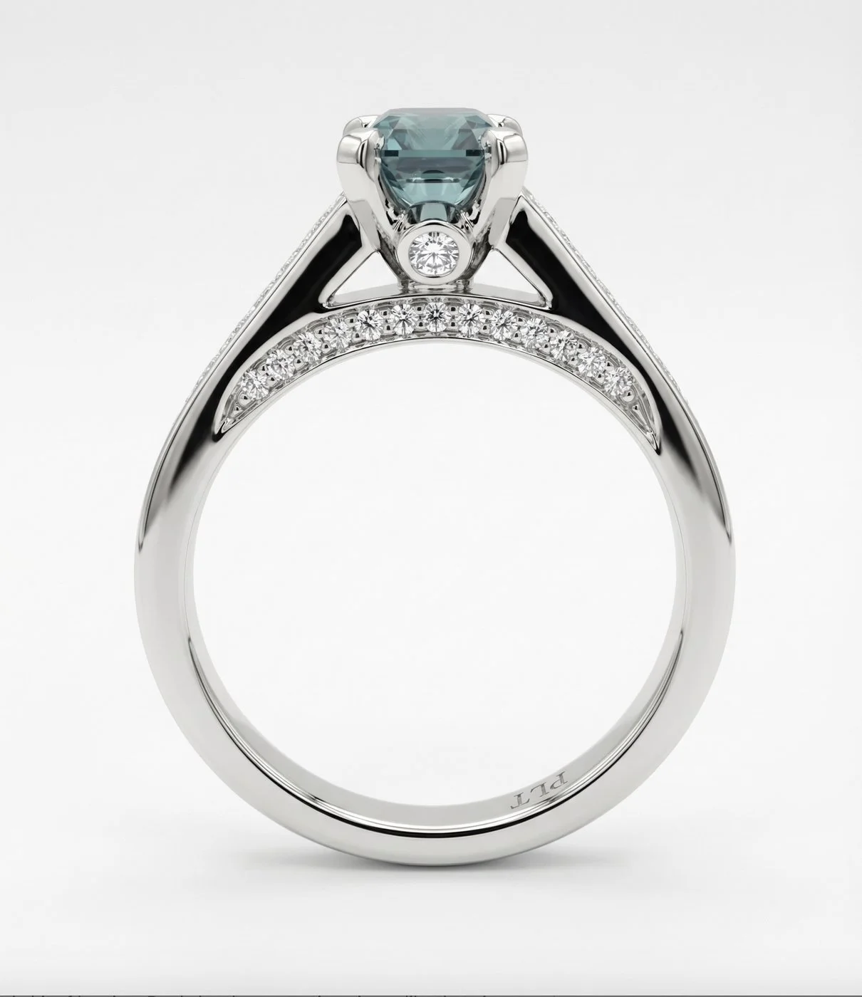 Teal Sapphire and Platinum Ring showing diamonds on side.jpg