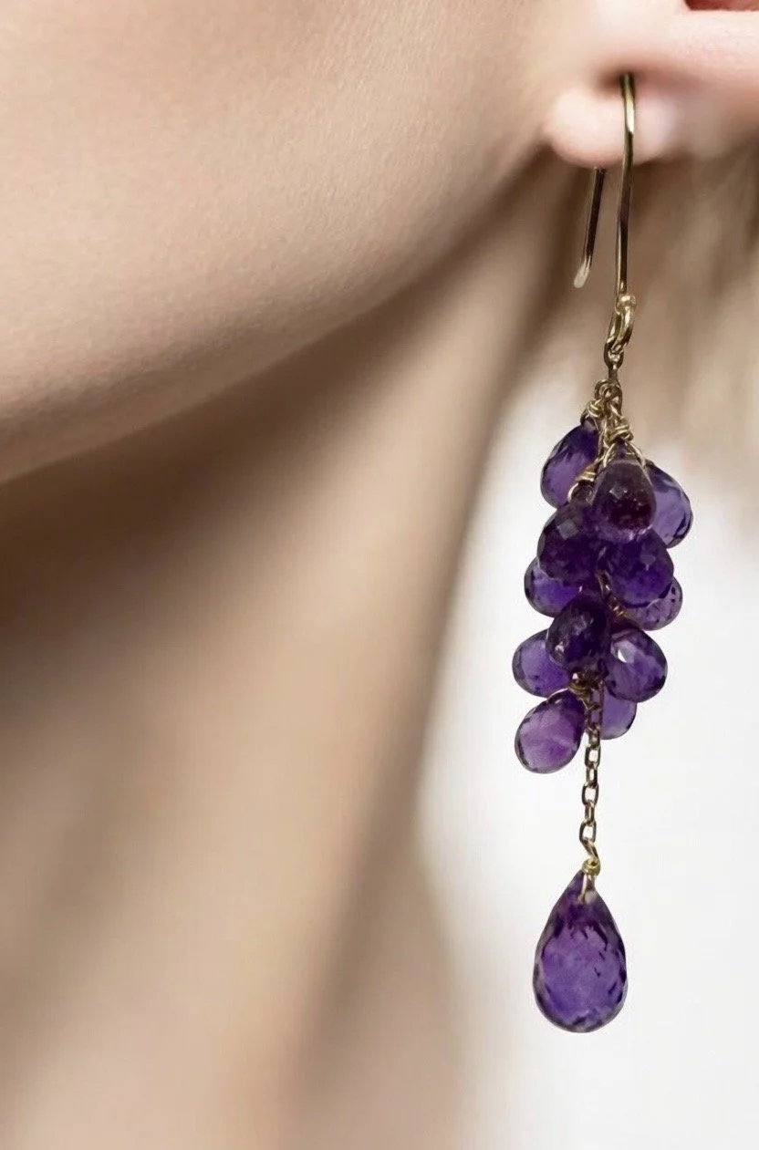 Amethyst Briolette Drop Earrings in Rose Gold on model.jpg