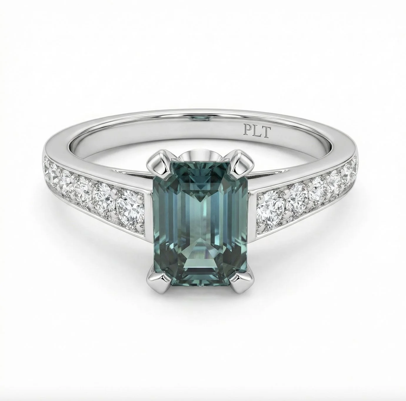 Teal Sapphire Ring in Platinunm with Diamond set shoulders and sides.jpg