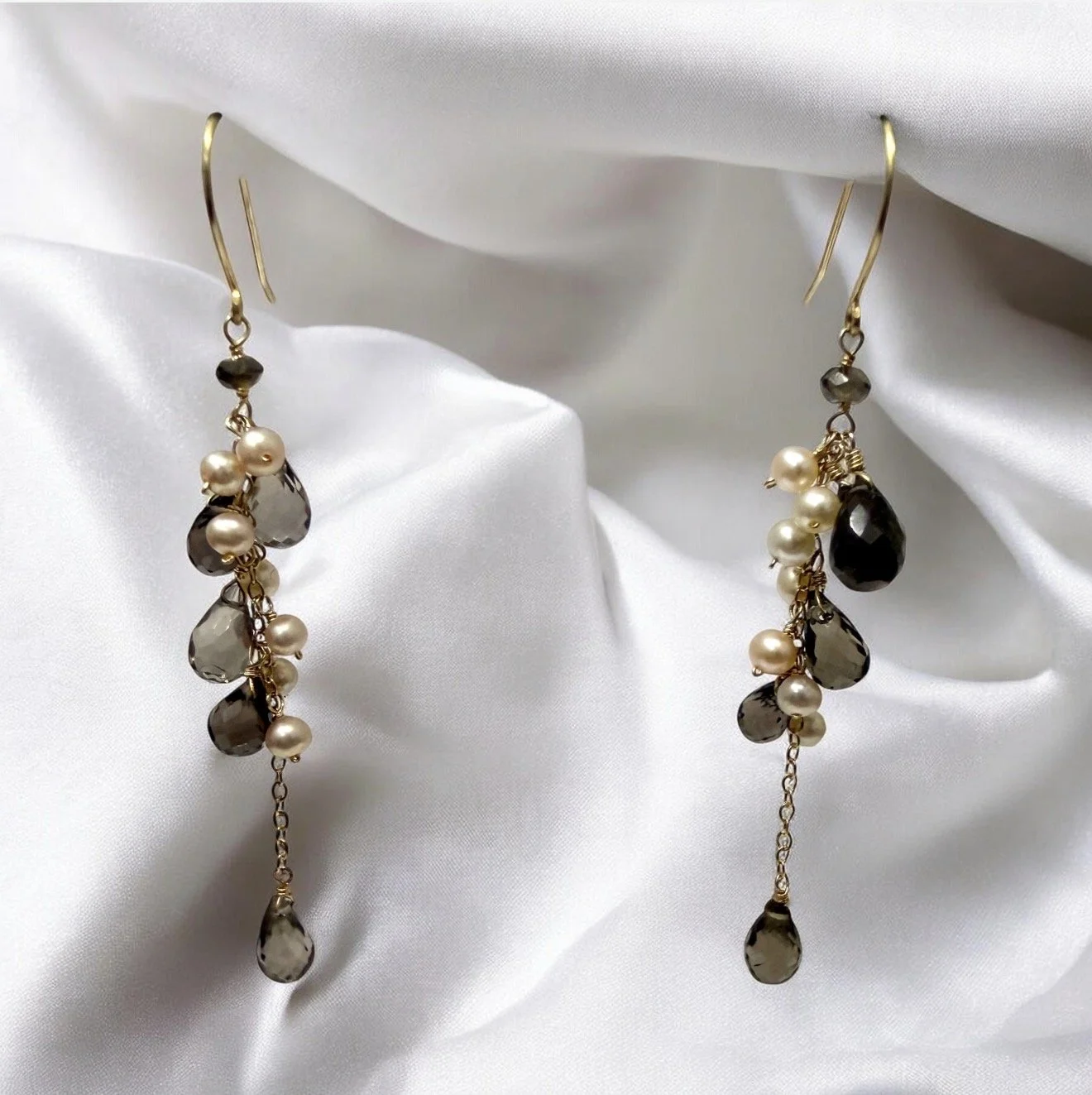 Smoky Quartz Briolettes and Freshwater Pearl Drop Earrings in Gold.jpg