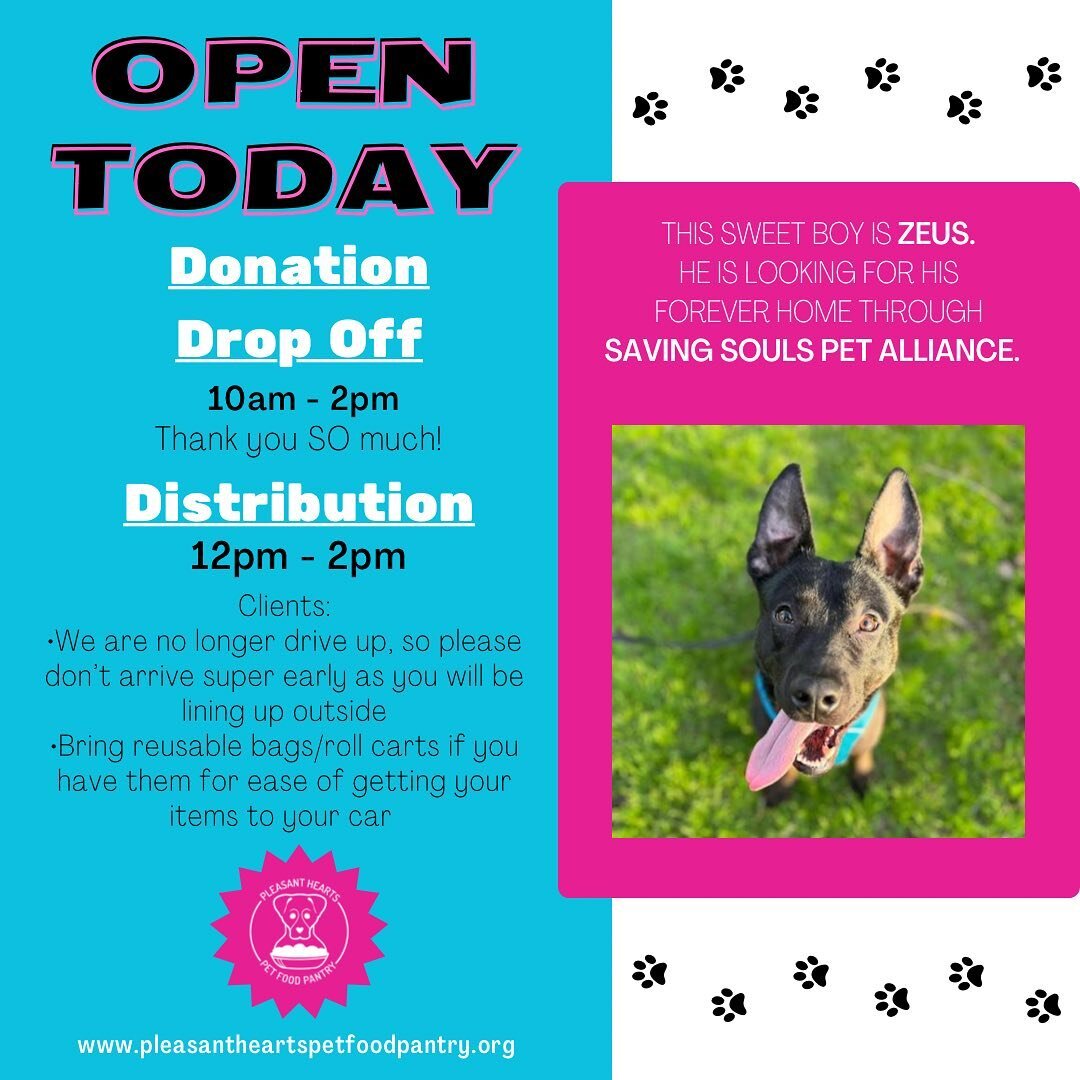 🐾TODAY! Saturday, May 13th!🐾

💗We are open for donation drop off from 10am-2pm and distribution from 12-2pm! 💙

👇🏿😷👇🏿
*CLIENTS: We ask that you understand that we are learning/adjusting too &amp; please be patient. Please wear a mask if you&