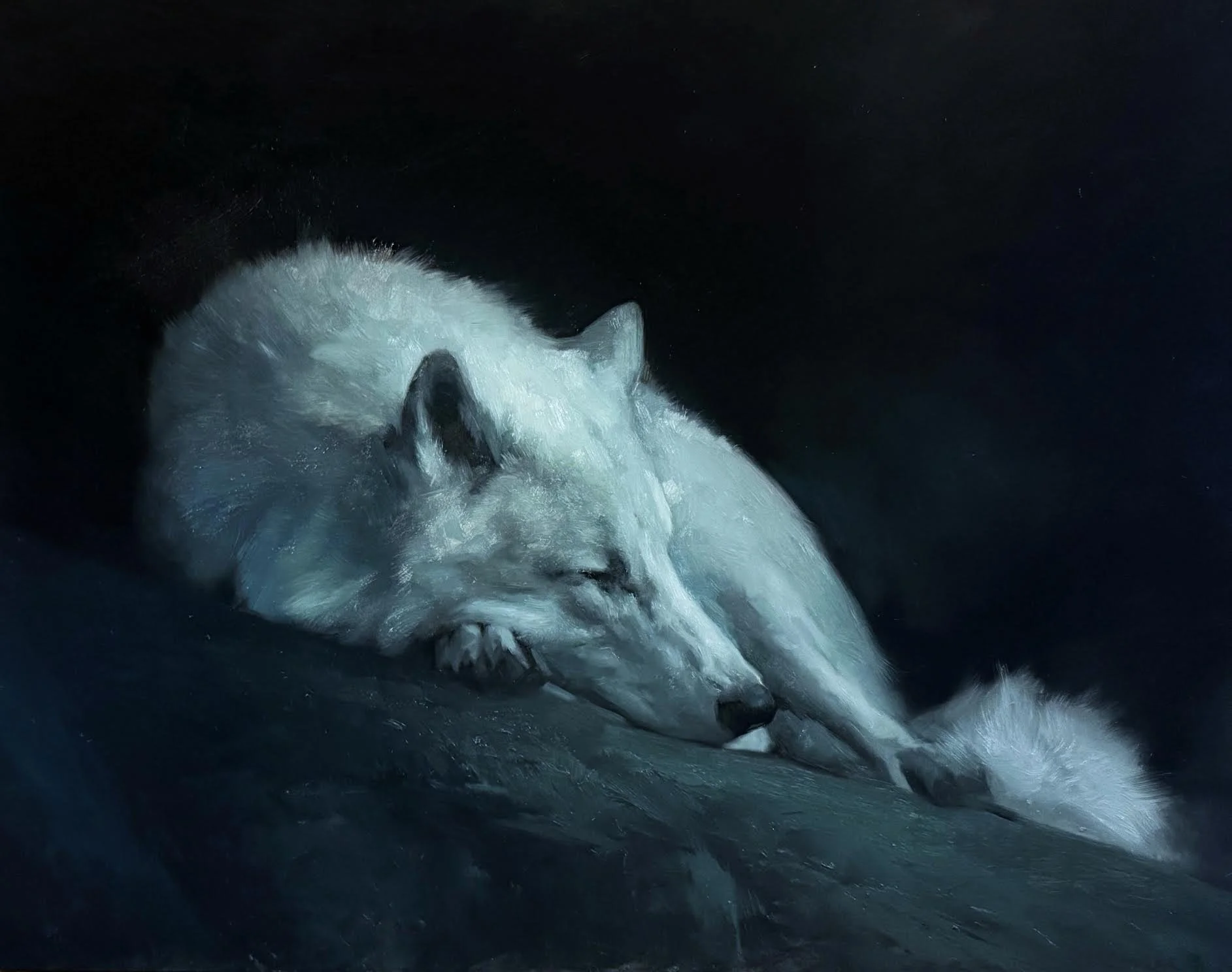 A painting of a sleeping white wolf with closed eyes and relaxed posture against a dark background.