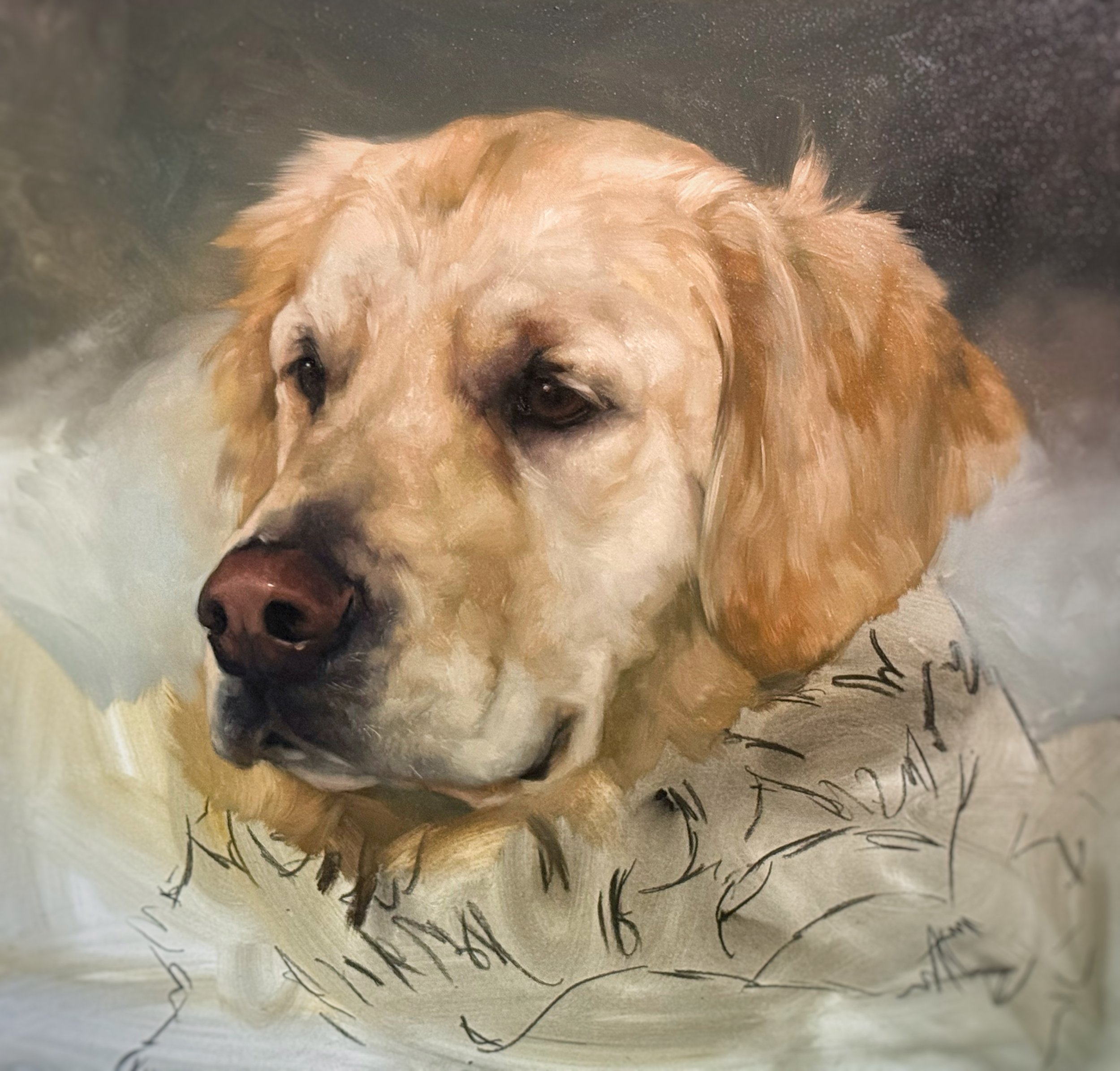 Close-up of a portrait painting of a golden retriever dog, with black cursive signature at the bottom.