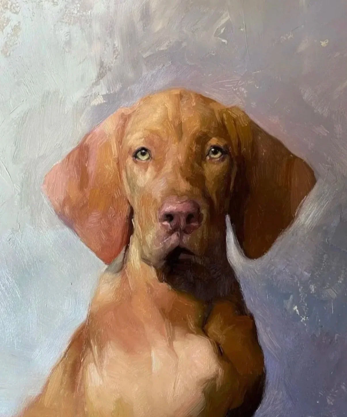 Painting of a brown dog with large ears, sitting against a gray background, looking upward with a serious expression.