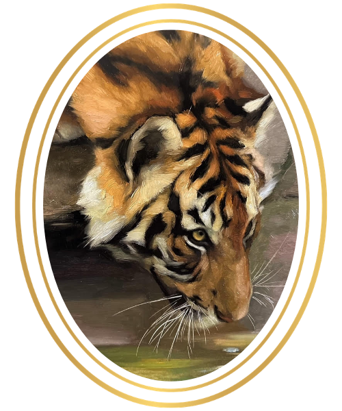 A detailed painting of a tiger's head with a focus on its face, surrounded by a gold oval frame.