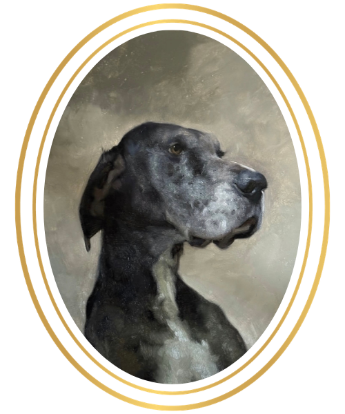 Portrait of a black and gray dog with a long face inside an oval gold frame.