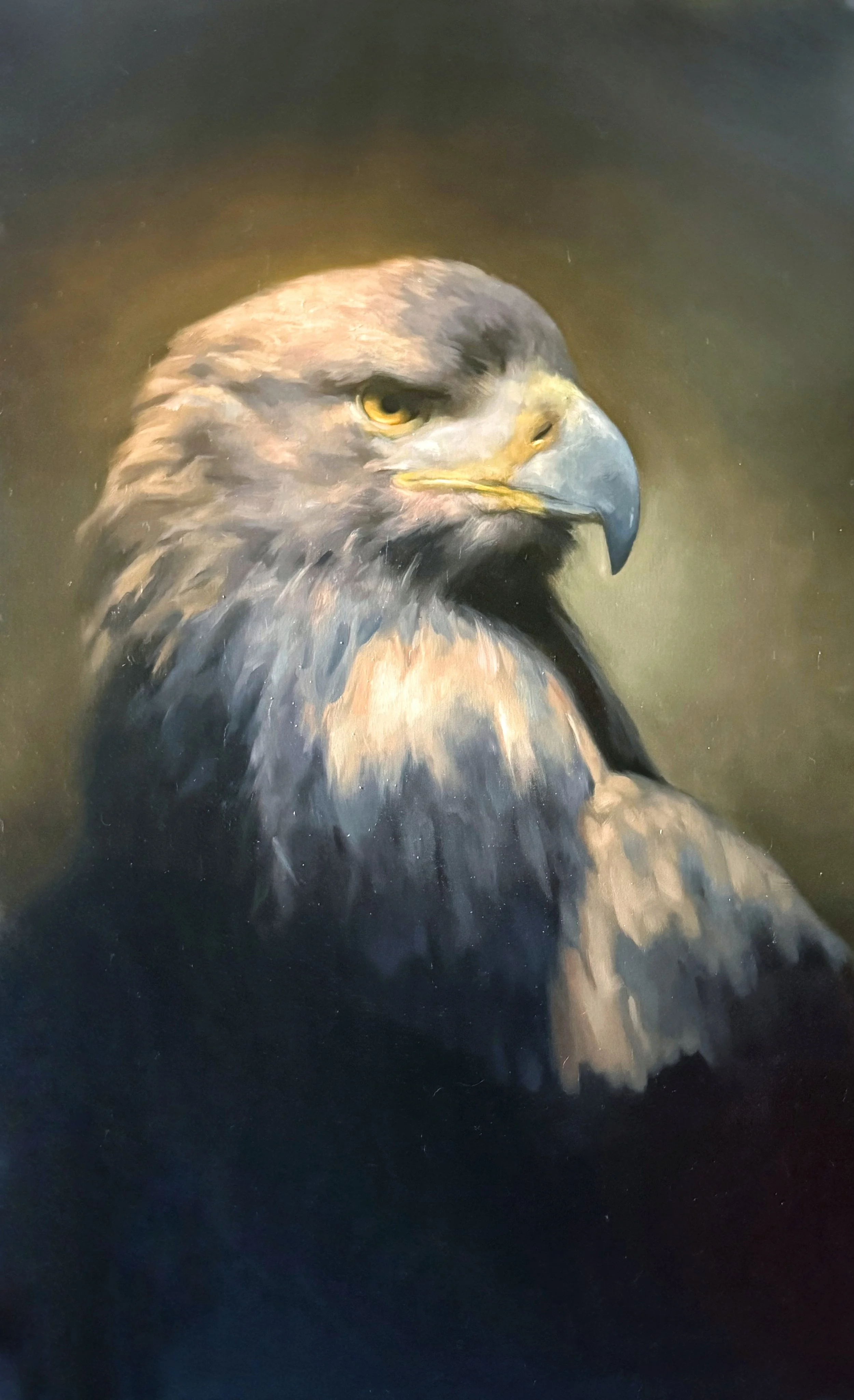 Painting of a bald eagle with a piercing gaze, detailed feathers, and a dark background.