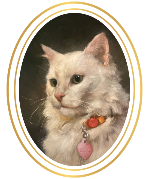 A  white cat painted with a pink heart collar