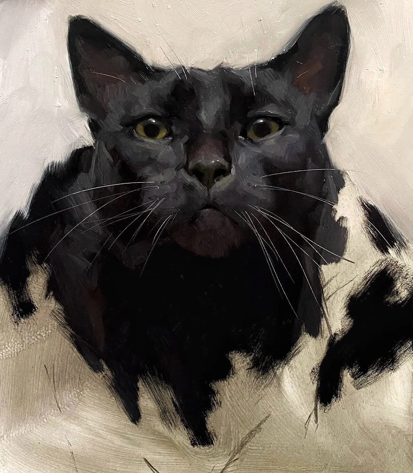 A realistic painting of a black cat, showing its face and shoulders with greenish-yellow eyes and pointed ears.