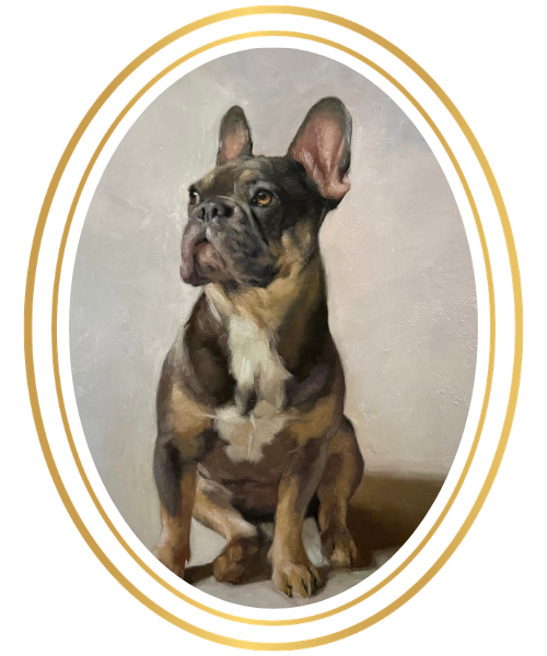 A painting of a French Bulldog sitting inside an oval gold frame against a gray background.