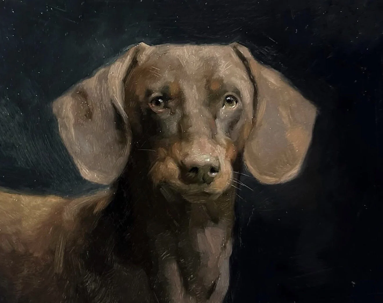 A realistic painting of a brown dog with long ears, sitting against a dark background.