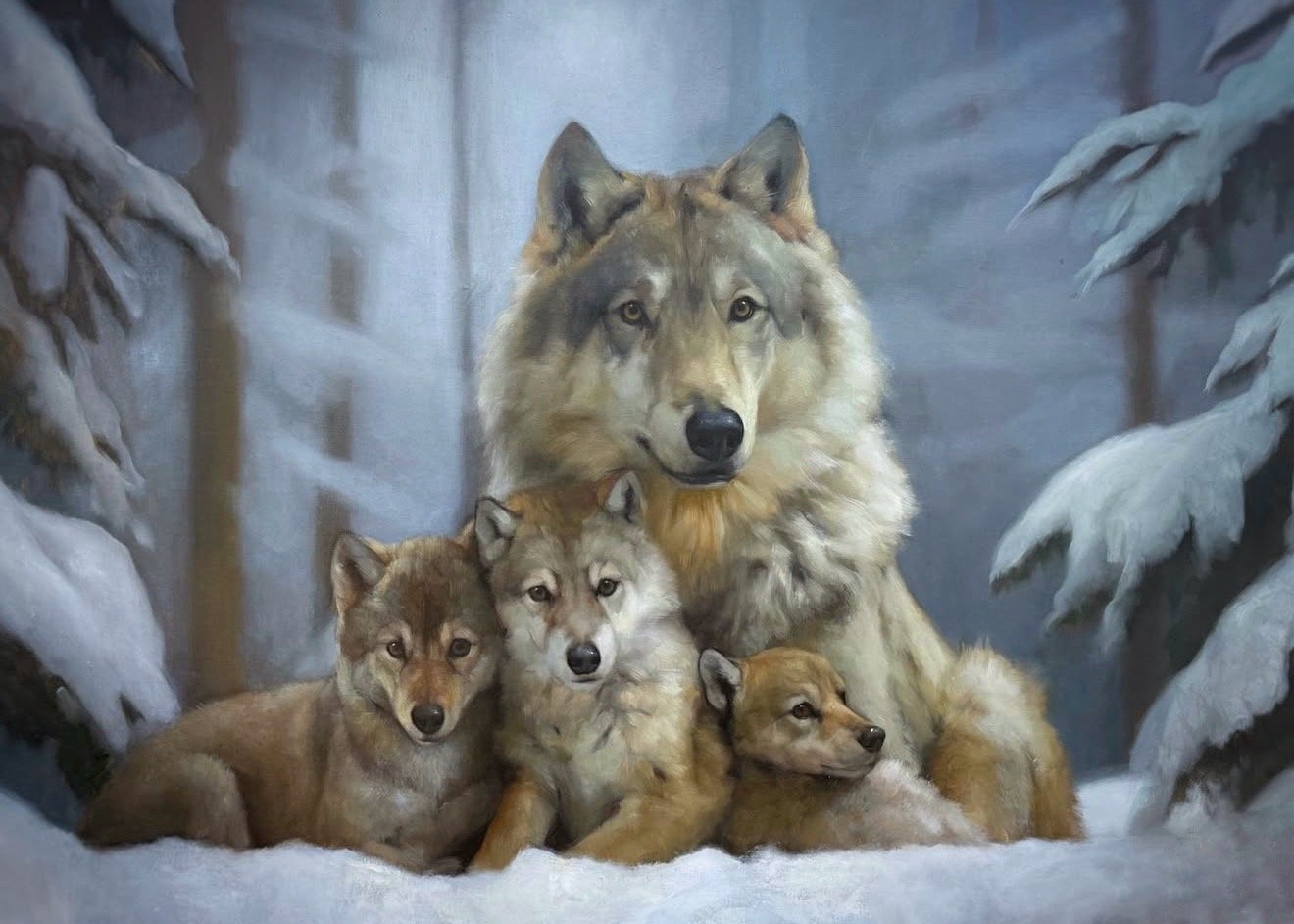 Painting of a wolf pack in a snowy forest, with one large adult wolf and four wolf pups surrounded by snow-covered trees.