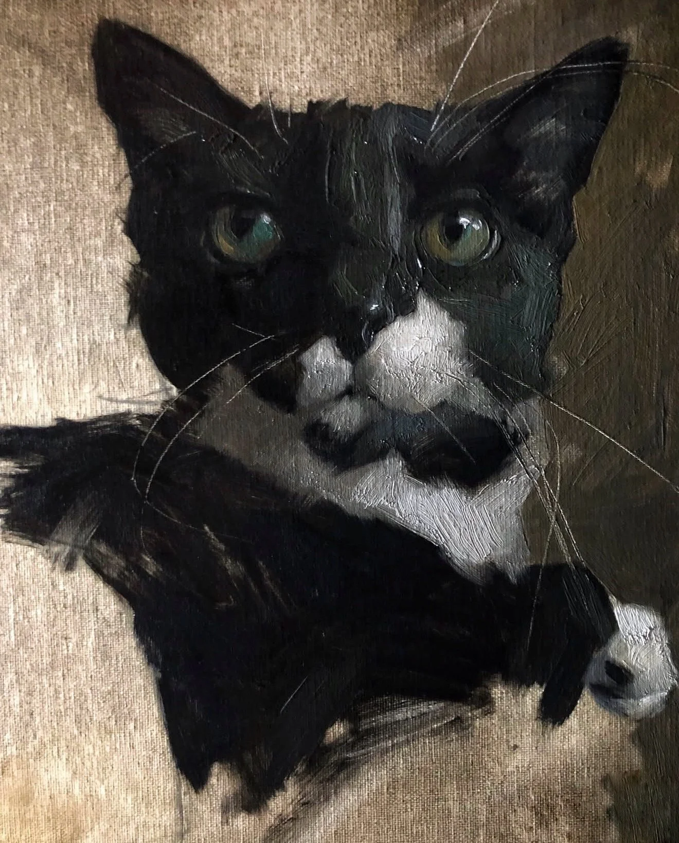 A realistic oil painting of a black and white cat with green eyes, sitting against a neutral background.