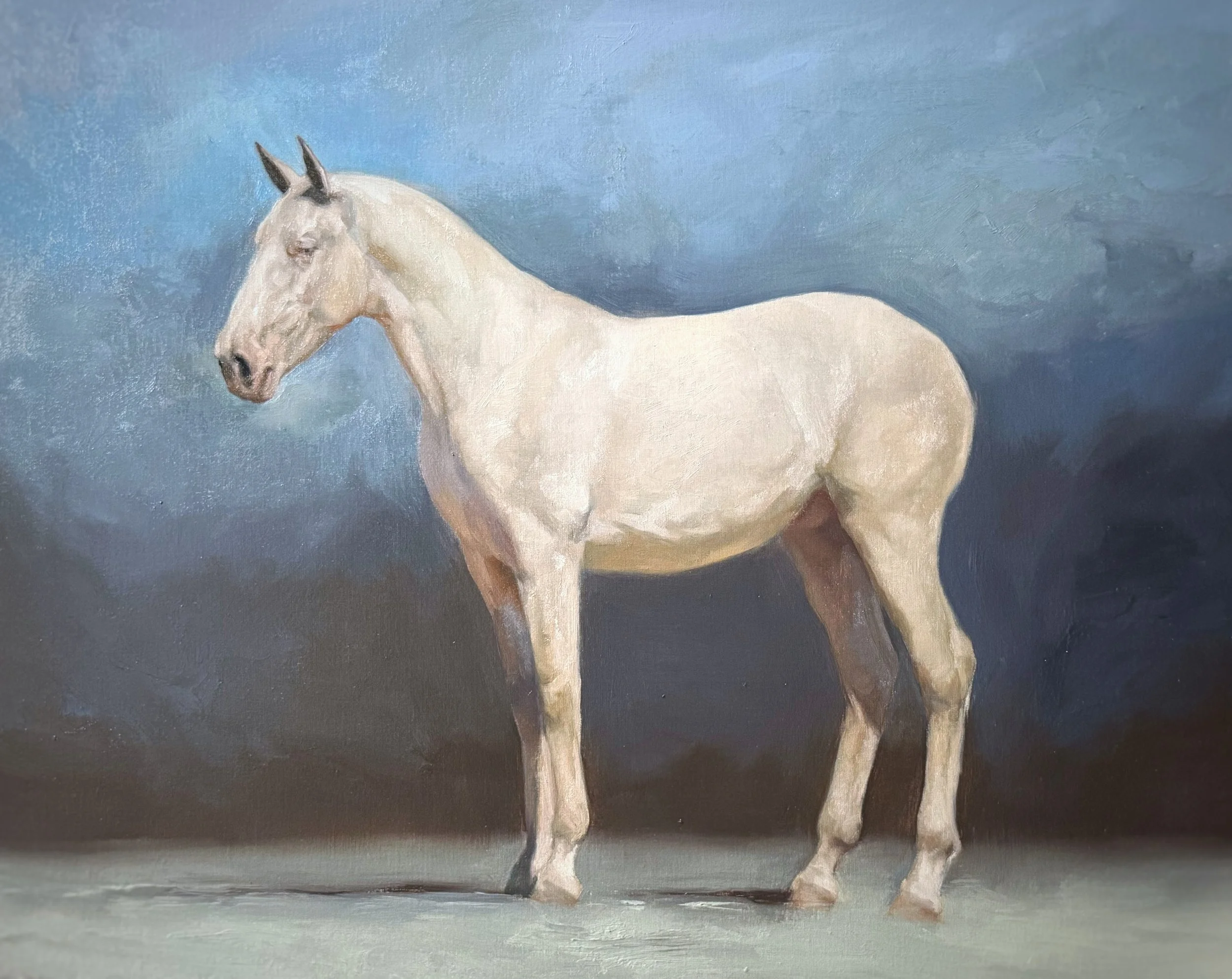 Painting of a white horse standing on a darker ground against a blue sky background.