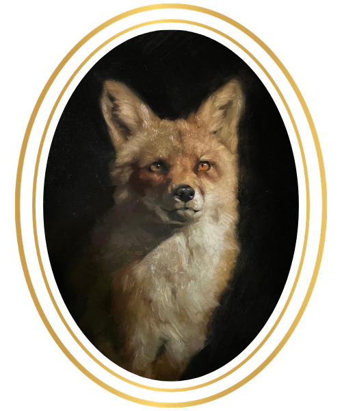 A fox depicted in an oval frame with a black background.