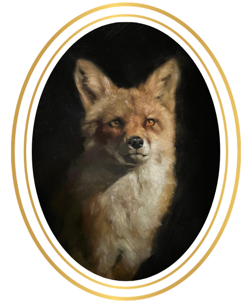 Painting of a dog standing in water near the shore, with an ocean or lake in the background, inside an oval frame.