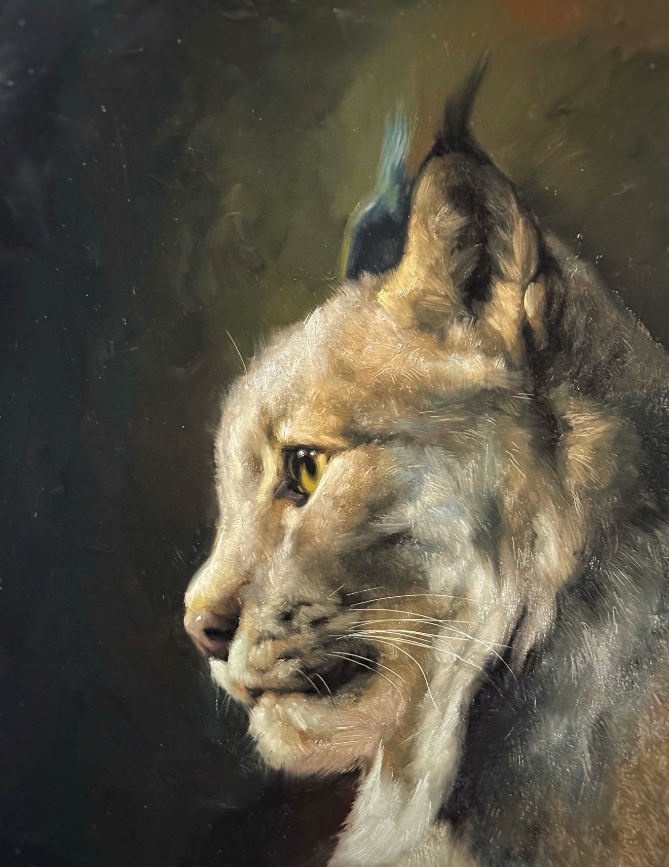 A close-up painting of a sleeping dog with yellow eyes and a light brown and black coat, resting its head on a dark surface.