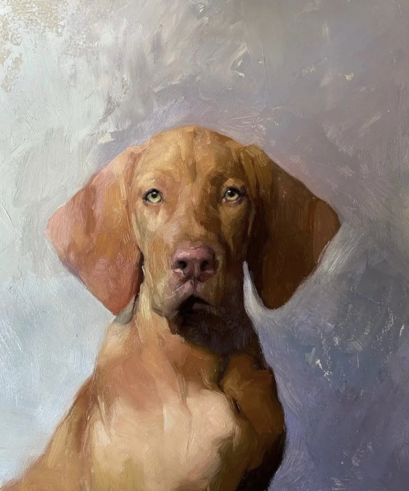 Painting of a brown dog with floppy ears and amber eyes, sitting against a textured, muted background.