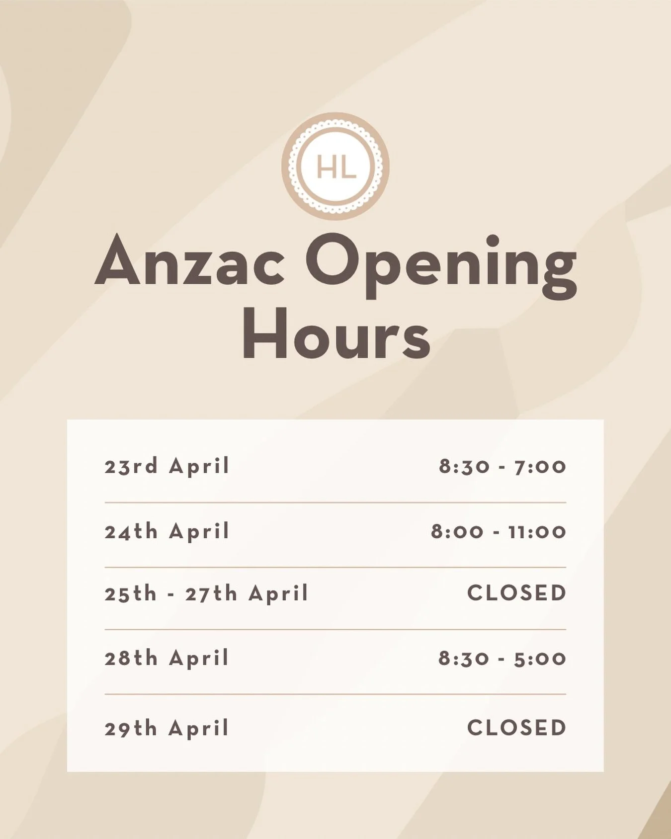 ✨ ANZAC WEEKEND OPENING HOURS REMINDER ✨

Please note the salon will be closed for some additional days this Anzac Day long weekend, however the girls will be working additional hours in the lead up! 

Call to book your next hair or beauty appointmen