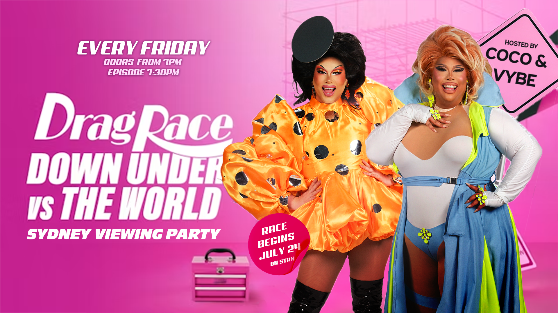 Pink promotional poster for a drag race event hosted by Coco and Vybe, featuring two drag performers in colorful costumes, with event details and a pink background.