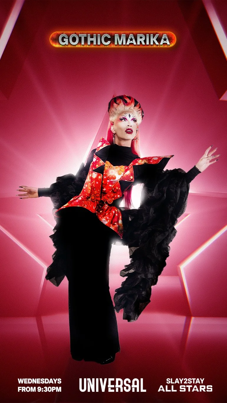 Promotional poster for 'Gothic Marika,' featuring a drag queen in gothic-inspired attire with elaborate makeup and a dramatic pose, against a pink starry background.