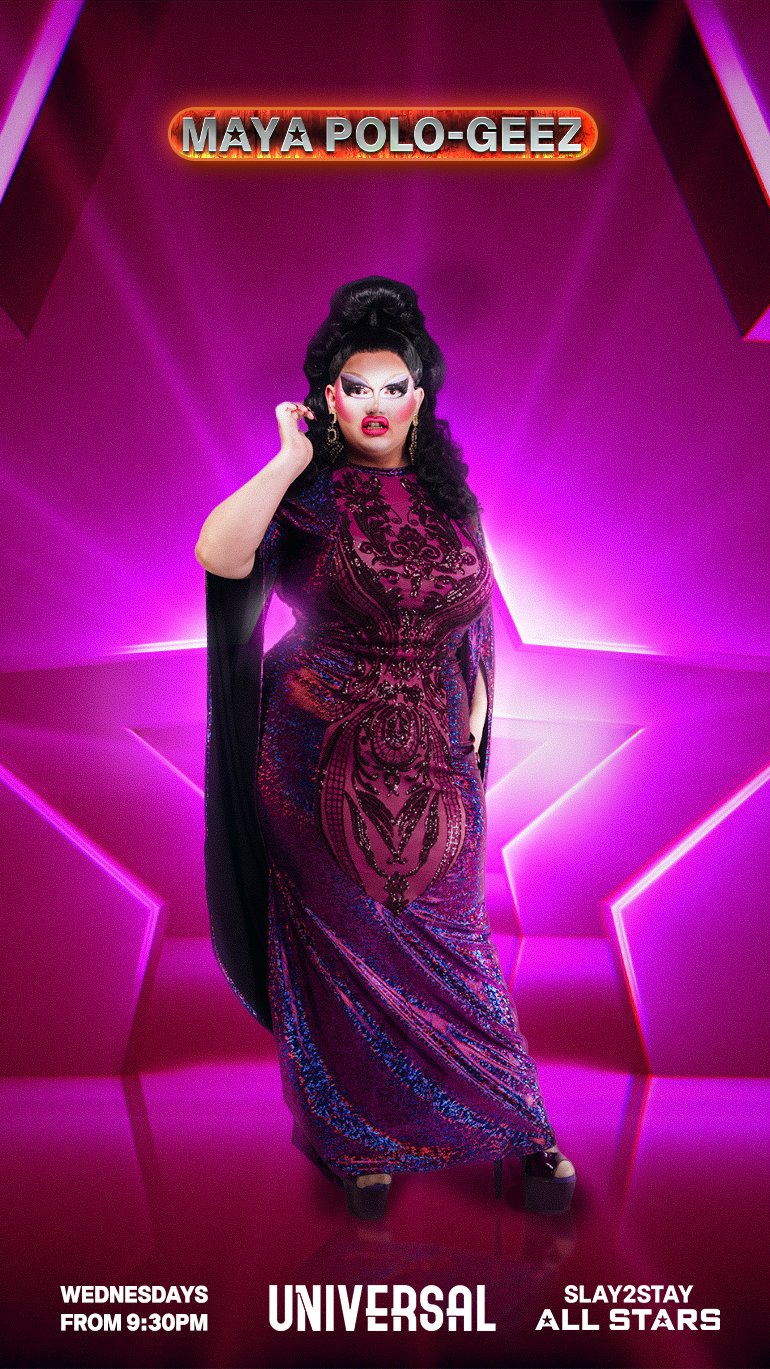 A person dressed in a purple and black evening gown standing on a pink and purple lit stage with a neon sign reading "Maya Polo-Geez" above. The person has dramatic makeup and a large black hairstyle.